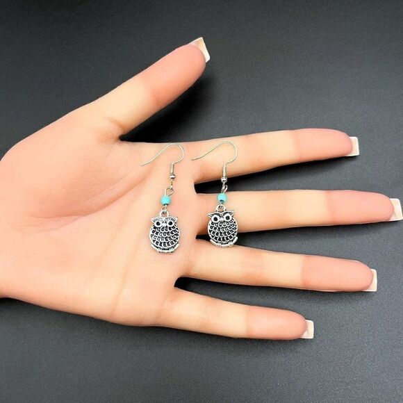 Silver Perched Owl on Branch with Blue Turquoise Beaded Dangling Hook Earrings - Picture 7 of 7